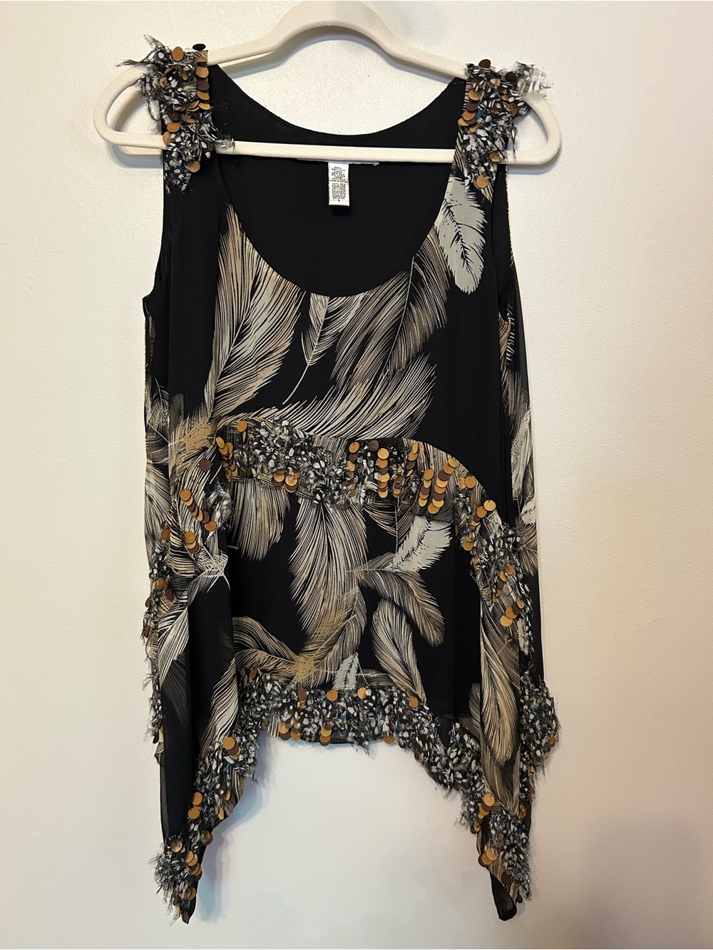 Diane Von Furstenberg Black Silk Feather-Print Tunic Evening Event Wedding Guest